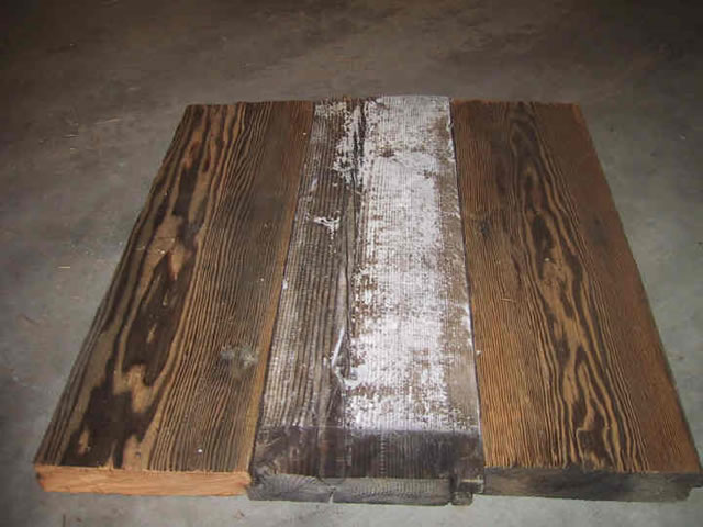 Recreated Old Look Barnwood Using Reclaimed Wood Lumber, Center Sample is Raw, Left & Right Wire Brushed